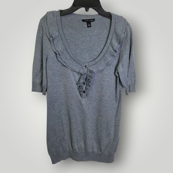 Banana Republic Knit Top Ruffle Button Scoop Neck Gray Pima Cotton Wool Small - Picture 2 of 8